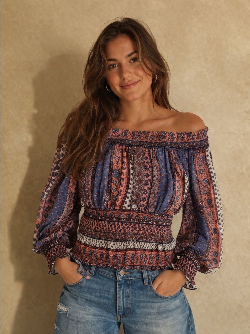 VENUS Blue and dusty pink Floral Off-Shoulder Smocked Peasant Blouse